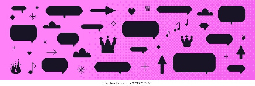 Pixel dialogue boxes silhouette blank. 8 bit y2k speech bubbles set. Game pixel art chat text boxes with crown, music note, arrows. Vector talk frames balloons messages set isolated on dither halftone