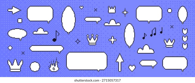 Cuadros de diálogo de píxeles y2k. Conjunto de burbujas de discurso de 8 bits. Juego pixel art chat cuadros de texto con fuego, corona, nota de música, flechas. Vector talk frames globos mensajes conjunto aislado en el fondo de tramado.
