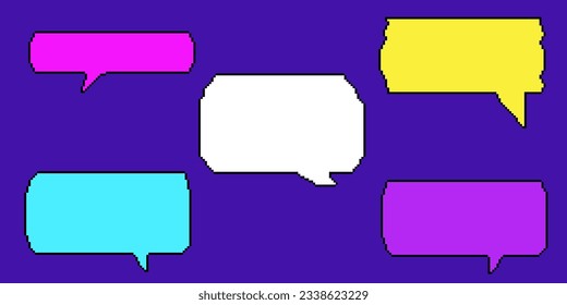 Pixel dialogue bright color box set in blue background. Speech pixel bubble for chat and game. Cloud talk for retro game. Vector illustration