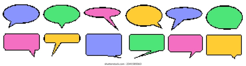 Pixel dialogue bright color box set in white background. Speech pixel bubble for chat and game. Cloud talk for retro game. Vector illustration
