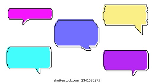 Pixel dialogue bright color box set in white background. Speech pixel bubble for chat and game. Cloud talk for retro game. Vector illustration