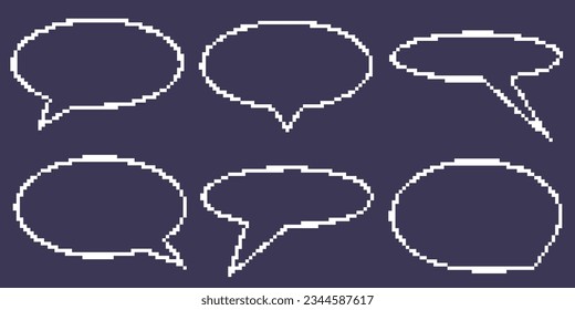 Pixel dialogue round box set in dark background. Speech pixel bubble for chat and game. Cloud talk for retro game. Vector illustration