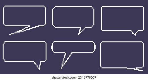 Pixel dialogue square box set in dark background. Speech pixel bubble for chat and game. Cloud talk for retro game. Vector illustration