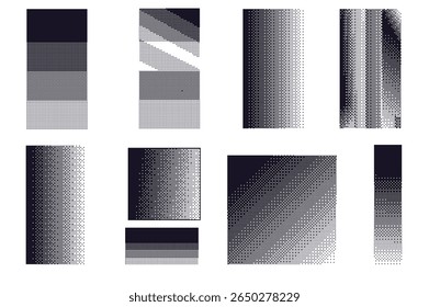 Pixel different halftone backgrounds set . 8 bit patterns bitmap dither effect. Black graphic gradient in retro 90s style. Vector retro random mosaic rectangles illustration. vintage comic overlays.