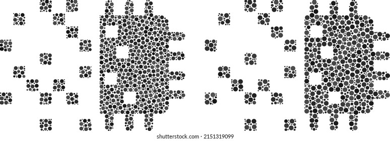 Pixel digital chip generation icon. Mosaic digital chip generation icon united from spheric items in random sizes and color hues.