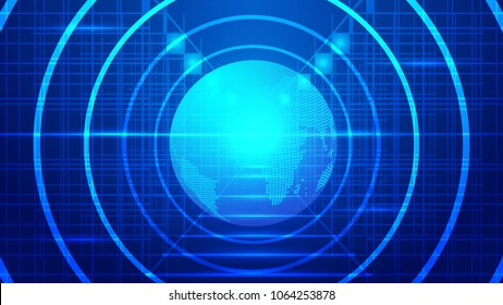 Pixel digital earth, perspective space, futuristic blue world network technology vector background.