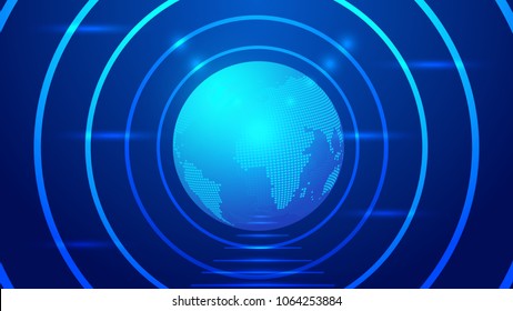 Pixel digital earth, perspective space, futuristic blue world network technology vector background.