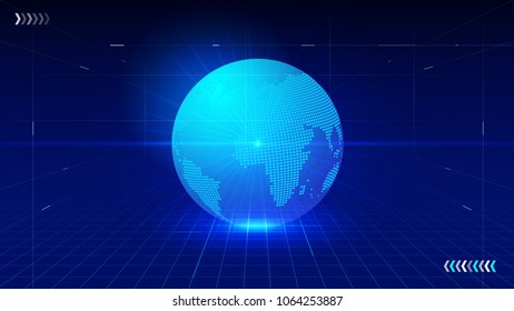 Pixel digital earth, perspective space, futuristic blue world network technology vector background.