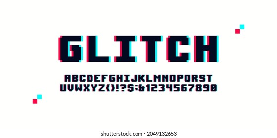 Pixel digital glitch alphabet distorted screen error effect, latin letters and numbers in style of 80's video game, vaporwave and retro aesthetics