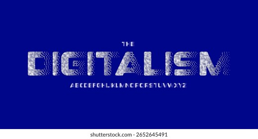 Pixel digital logo font, halftone futuristic alphabet. Glitch geometric typeface for sci-fi headline, tech stream interface, hacker display, cyberpunk branding, UI, digital HUD. Vector typography