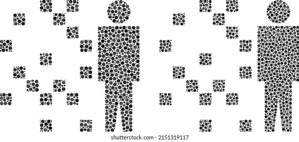 Pixel digital man synthesis icon. Mosaic digital man synthesis icon composed of round elements in variable sizes and color hues. Vector round parts are combined into mosaic digital man synthesis icon.