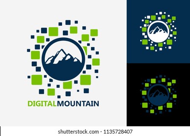 Pixel Digital Mountain Logo Template Design Vector, Emblem, Design Concept, Creative Symbol, Icon
