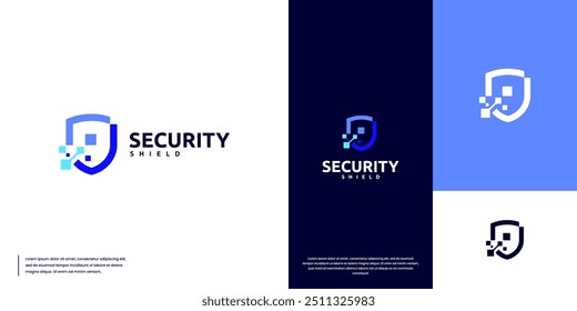 Escudo digital de píxeles, logotipo de seguridad, símbolo de defensa, ilustración de diseño de Vector.