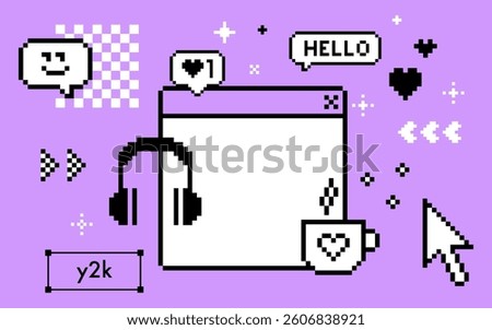 Pixel digital workplace, workspace in the mood of 90's. Empty frame, window and hot coffee. Y2k old computer aesthetic. Game abstract elements. 8bit retro style vector illustration. Color background