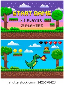 Pixel dinosaur character in game vector, dino with fire on scene. Angry villain and icons of coin and treasure box, evening place with nature and stars. Pixelated objects for app games