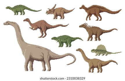 Pixel dinosaur characters. 8 bit pixel art game dino animals. Deinocheirus, Amargasaurus, Nodosaurus and Titanosaurus, Panoplosaurus, Hypacrosaurus Jurassic prehistoric reptile, pixel vector dinosaur