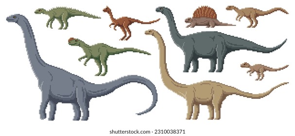 Pixel dinosaur characters. 8 bit pixel art game dino animals. Dryosaurus, Edaphosaurus, Cetiosaurus and Scutellosaurus, Paralititan, Mamenchisaurus prehistoric extinct reptile or pixel vector dinosaur