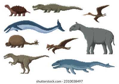 Pixel dinosaur characters. 8 bit pixel art game dino animals. Basilosaurus, Baryonyx, Mosasaurus and Carbonemys, Sarcosuchus, Doedicur pixel vector land and sea dinosaurs, prehistoric reptile animals