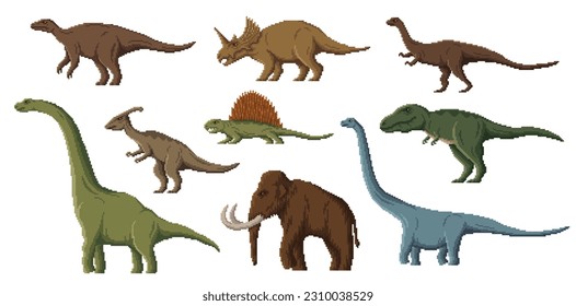 Pixel dinosaur characters. 8 bit arcade game assert, pixel art dino animals. Parasaurolophus, Brachiosaurus, Iguanodon and Centrosaurus, Dimetrodon, Plateosaurus vector pixel dinosaur, ancient reptile