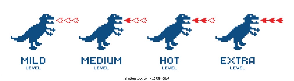 Pixel Dinosaur. Mild medium hot extra spicy level fire dinosaur, red chili pepper, strength scale indicators. Labels mexican, asian dishes.  Food organic icons