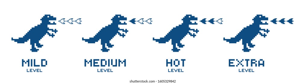 Pixel Dinosaur white background. Mild medium hot extra spicy level fire dinosaur, red chili pepper, strength scale indicators. Labels mexican, asian dishes.  Food organic icons