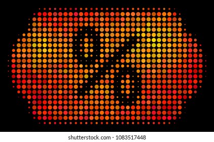 Pixel discount tag icon. Bright pictogram in orange color variations on a black background. Vector halftone composition of discount tag symbol designed of spheric points.