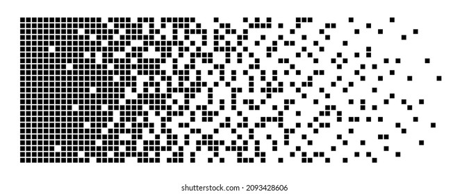 Pixel disintegration background. Decay effect. Dispersed dotted pattern. Concept of disintegration. Abstract pixel mosaic texture with simple square particles. Vector illustration on white background.