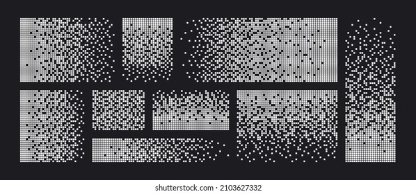 Pixel disintegration background. Decay effect. Dispersed dotted pattern. Concept of disintegration. Set pixel mosaic textures with simple square particles. Vector illustration on black background.