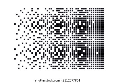 Pixel disintegration background. Decay effect. Dispersed dotted pattern. Concept of disintegration. Abstract pixel mosaic texture with simple square particles. Vector illustration on white background.