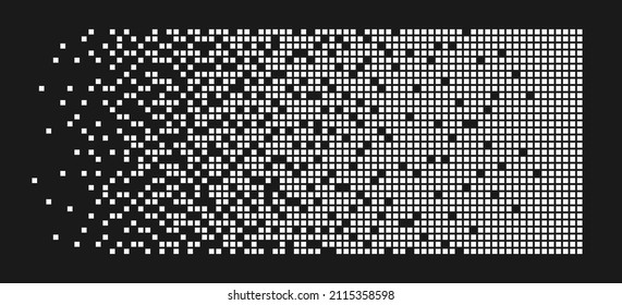 Pixel disintegration background. Decay effect. Dispersed dotted pattern. Concept of disintegration. Abstract pixel mosaic texture with simple square particles. Vector illustration on black background.