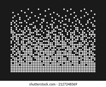 Pixel disintegration background. Decay effect. Dispersed dotted pattern. Concept of disintegration. Abstract pixel mosaic texture with simple square particles. Vector illustration on black background.