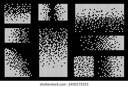 Pixel disintegration background. Decay effect. Dispersed dotted pattern. Concept of disintegration, pixel mosaic textures with simple square particles.