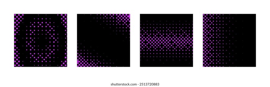 Pixel disintegration background. Decay effect. Dispersed dotted pattern. Concept of disintegration. Set pixel mosaic textures with simple square particles. Vector illustration on black background.