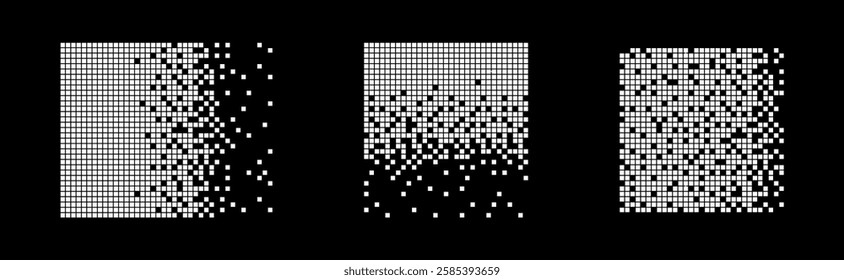 Pixel disintegration background. Decay effect vector set. 