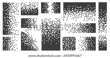 Pixel disintegration background. Decay effect. Dispersed dotted pattern. Concept of disintegration, pixel mosaic textures with simple square particles.