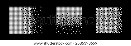 Pixel disintegration background. Decay effect vector set. 