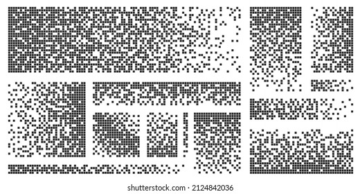 Pixel disintegration background, digital dots dissolve effect. Disappearing broken square mosaics. Data particles defragmentation vector set. Illustration of disintegration square