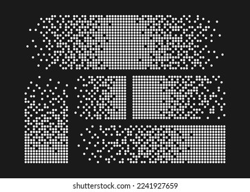 Pixel-Desintegrationshintergrund. Halftone Fragment. gepolstertes Muster. Konzept des Zerfalls. quadratische Pixel-Mosaiktexturen mit quadratischen Partikeln. Vektorgrafik auf schwarzem Hintergrund.