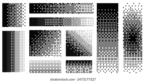 Pixel disintegration background. Retro 8 bit game effect, old TV screen damage, 2D sprite graphic. Vector dithering and noise dissolve effect