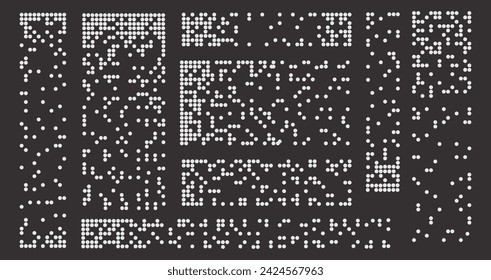 Sammlung zur Auflösung von Pixeln. Dispersions-gepunktetes Muster. Flache Halbton-Mosaik-Texturen. Schwarz-Weiß-dispergierte Elemente Vektor-Illustration.