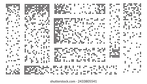 Pixel disintegration collection. Dispersed dotted pattern. Flat halftone mosaic textures . Black and white dispersed elements vector illustration.