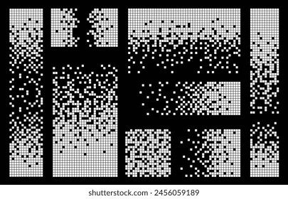 Fondos de color de desintegración de píxeles. Efecto de descomposición. Patrón de puntos dispersos. Concepto de desintegración, texturas de mosaico de píxeles con partículas cuadradas simples.