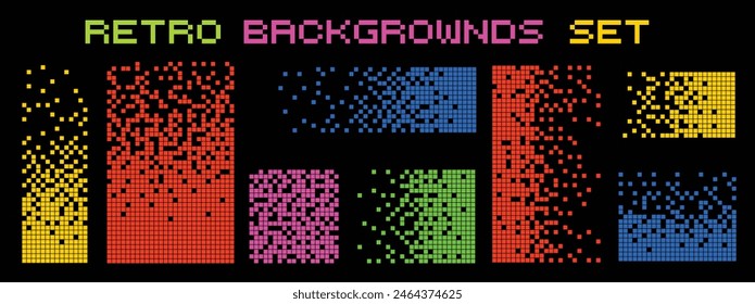 Fondos de color de desintegración de píxeles. Efecto de descomposición. Patrón de puntos dispersos. Concepto de desintegración, texturas de mosaico de píxeles con partículas cuadradas simples.