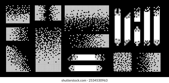 Pixel disintegration color backgrounds. Decay effect. Dispersed dotted pattern. Concept of disintegration, pixel mosaic textures with simple square particles.