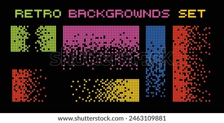 Pixel disintegration color backgrounds. Decay effect. Dispersed dotted pattern. Concept of disintegration, pixel mosaic textures with simple square particles.