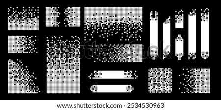 Pixel disintegration color backgrounds. Decay effect. Dispersed dotted pattern. Concept of disintegration, pixel mosaic textures with simple square particles.