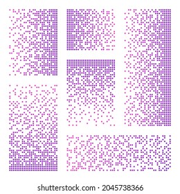 Pixel disintegration, decay effect. Various rectangular elements made of colorful round shapes. Dispersed dotted pattern. Mosaic texture with simple particles. Vector illustration.