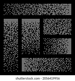 Pixel disintegration, decay effect. Various rectangular elements made of round shapes. Dispersed dotted pattern. Mosaic texture with simple particles. Vector illustration.