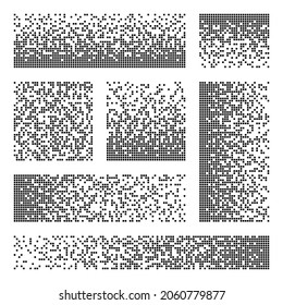 Pixel disintegration, decay effect. Various rectangular elements made of square shapes. Dispersed dotted pattern. Mosaic texture with simple particles. Vector illustration.