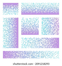 Pixel disintegration, decay effect. Various rectangular elements made of colorful square shapes. Dispersed dotted pattern. Mosaic texture with simple particles. Vector illustration.